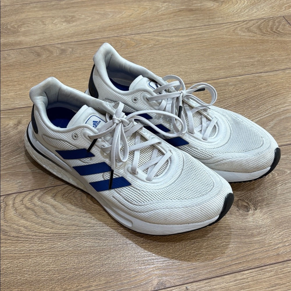 Adidas White Sneakers with Navy Stripes